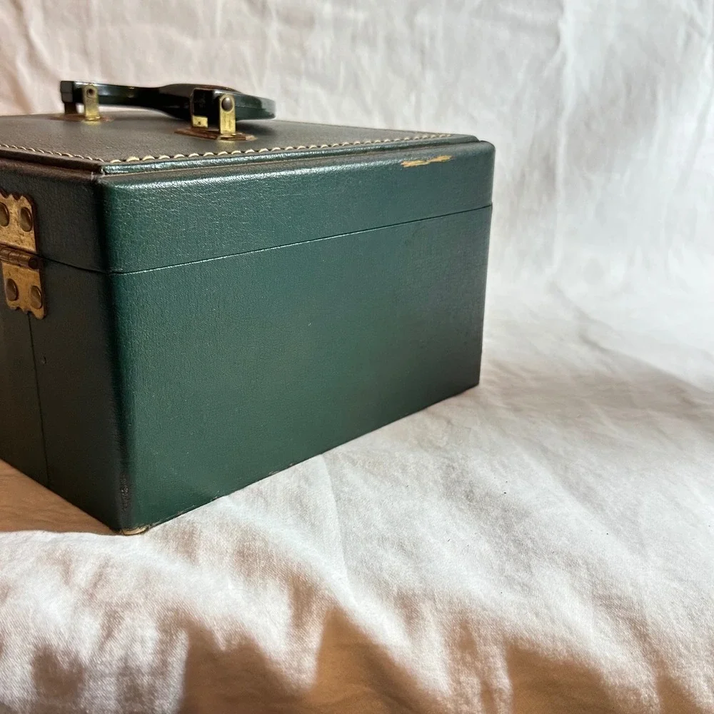 Vintage Jewelry Box Forest Green Good Faux Leather Brass Latch Top Handle Case